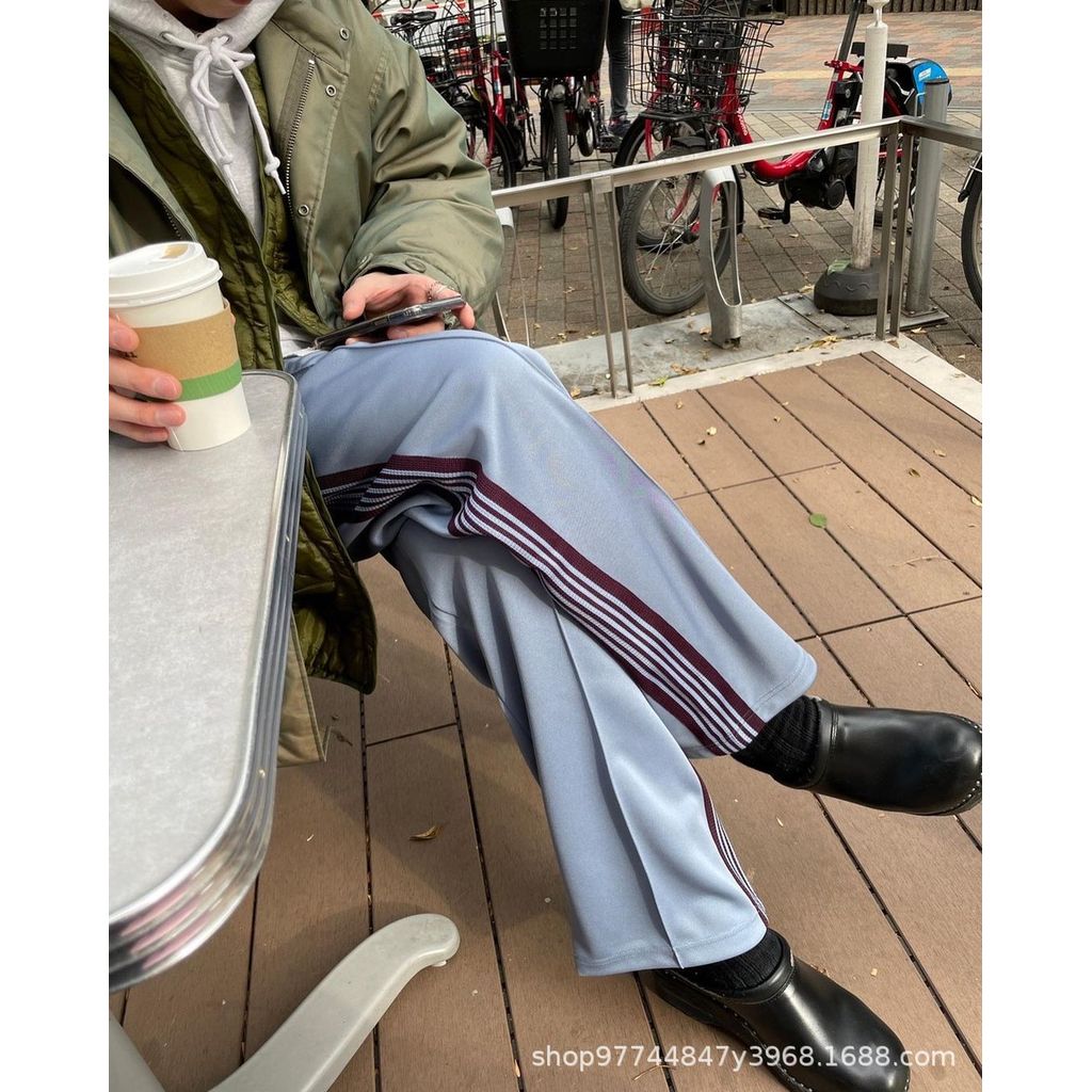 Needles Street Retro Webbing School Uniform Pants Unisex Straight Solid Color Casual Long Pants