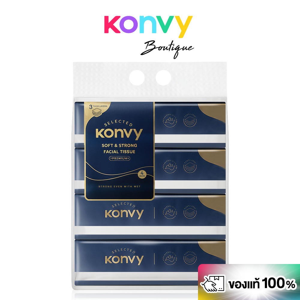 Konvy Soft & Strong Facial Tissue [100 Sheets x 4pcs] คอนวี่ กระดาษทิชชูเช็ดหน้าสุดพรีเมียม 100 แผ่น 4 ชิ้น.