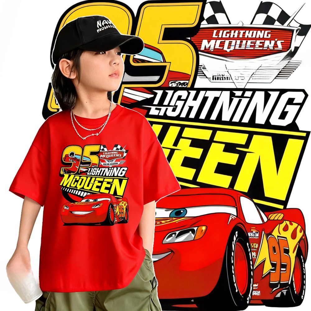 220G 100% CottonNELLY McQueen เสื้อยืดเด็กคอกลมหลวมสั้น, เสื้อยืด McQueen CAR