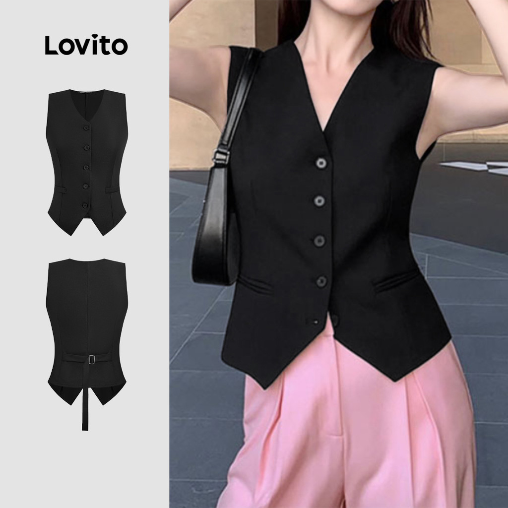 Lovito เสื้อยืดเปิดไหล่ผู้หญิง แขนสั้น สายเข็มขัด ดีไซน์เรียบง่าย สีดำ ใส่ได้ในฤดูใบไม้ผลิ/ฤดูร้อน L156AD179