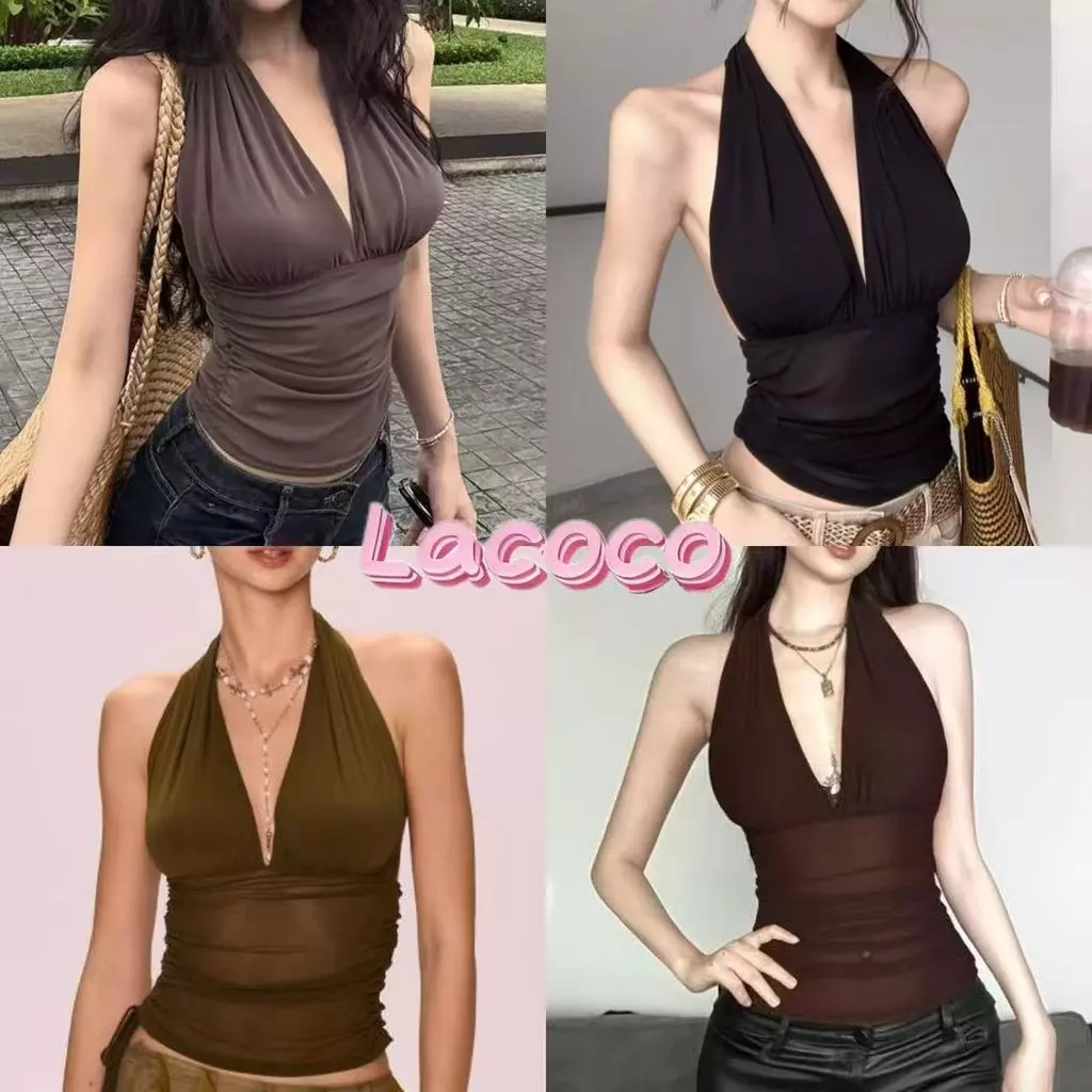 Lacoco🍓คลังสินค้าพร้อม🍓เสื้อคอฮอลเตอร์สีน้ำตาลสุดเซ็กซี่สำหรับหน้าร้อน ช่วยให้ดูผอมเพรียวและเข้ารูป