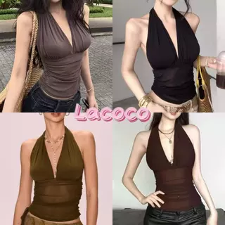 Lacoco🍓คลังสินค้าพร้อม🍓เสื้อคอฮอลเตอร์สีน้ำตาลสุดเซ็กซี่สำหรับหน้าร้อน ช่วยให้ดูผอมเพรียวและเข้ารูป