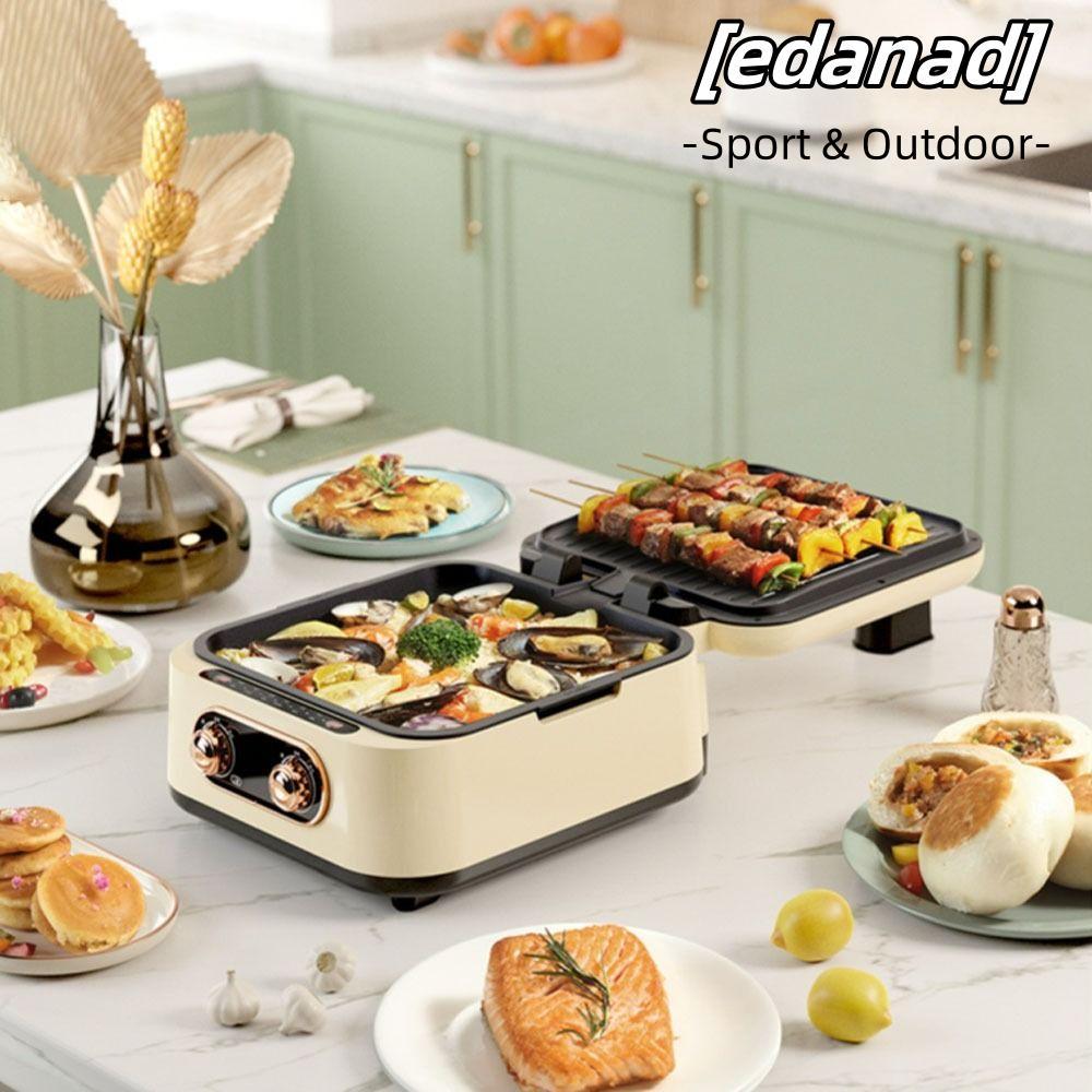 เอ็ดนาด ถาดอบไฟฟ้าลึกพร้อมฝาปิดหม้อไฟไฟฟ้าอเนกประสงค์ความร้อนสองด้านไม่ติดแผ่นย่างบาร์บีคิวสหภาพยุโรปปลั๊ก