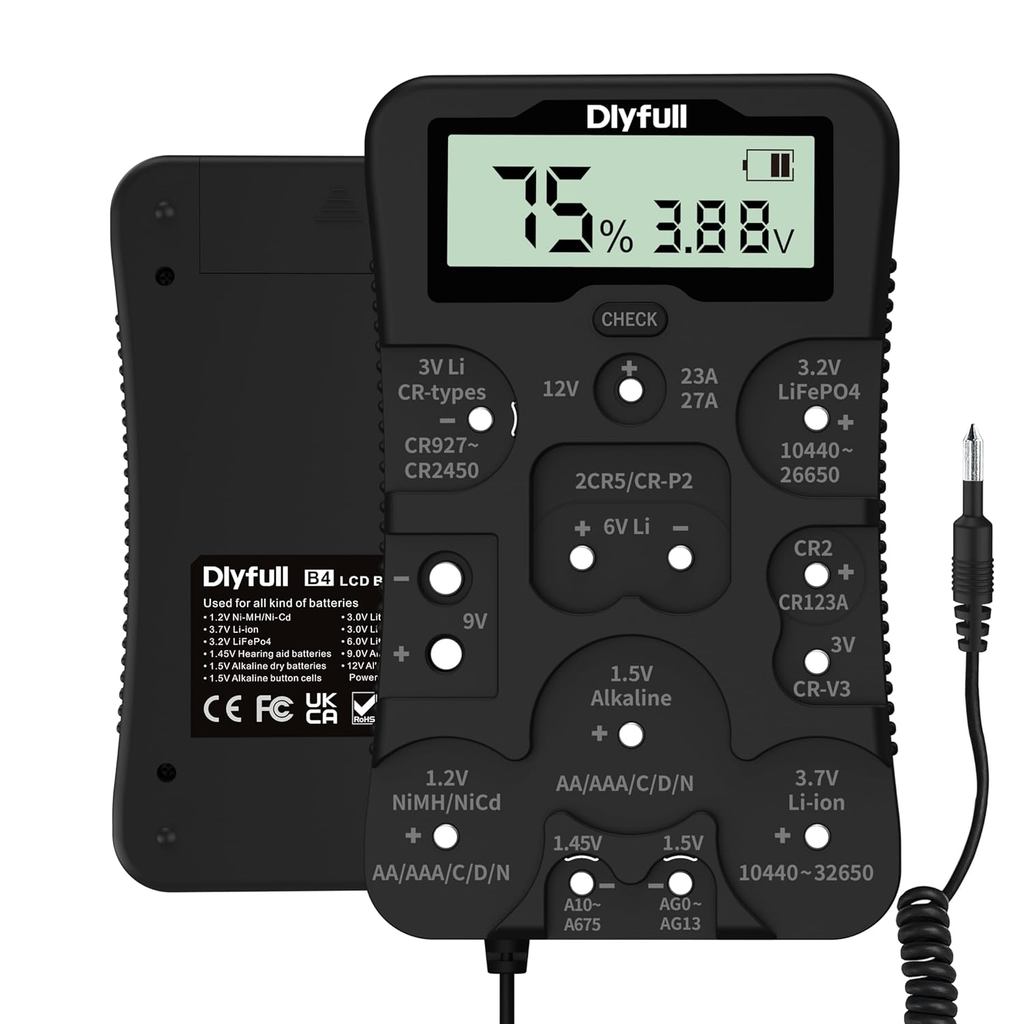 Dlyfull เครื่องทดสอบแบตเตอรี่,จอแสดงผล LCD Universal Battery Checker สําหรับ Ni-MH, Ni-CD, Li-ion, A