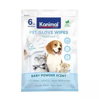 Kanimal Pet Glove wipes ถุงมืออาบน้ำแห้งสำหรับสัตว์เลี้ยง ใช้สารสกัดจากธรรมชาติ อ่อนโยน 1 แพ็ค 6 ชิ้น