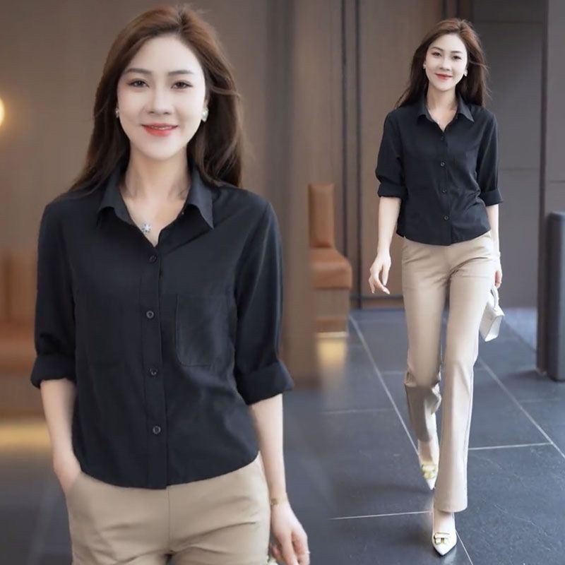 ใหม่สไตล์สีดําแฟชั่นอารมณ์เสื้อผู้หญิงต้นฤดูใบไม้ร่วงแขนยาวสบายทุกการแข่งขันสั้นสไตล์แฟชั่นทุกการแข่งขันด้านบน