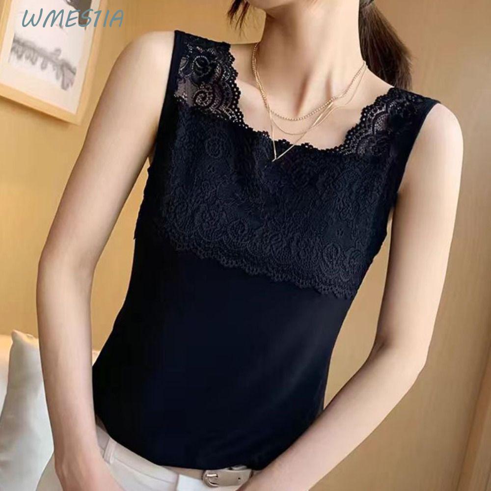 WMES1 เสื้อครอปดอกไม้ลูกไม้,เสื้อกั๊กแขนกุดคอเหลี่ยมไม่มีรอยต่อ,All-match Slim Fit Sweet Undershirts Camisoleสําหรับผู้หญิงฤดูร้อน