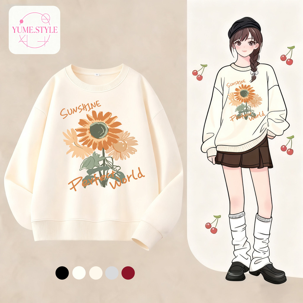 YUME🌸เสื้อกันหนาวแขนยาว เสื้อยืดคอกลมพิมพ์ลาย ทรงหลวม แฟชั่นคลาสสิก สะดวกสบาย ลาย"SUNSHINE Flower" ส่งเร็ว⚡COD