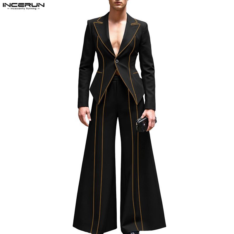 INCERUN ชุด.party สไตล์วินเทจสำหรับผู้ชาย ดีไซน์แขนยาวและลายตัดเย็บที่เป็นเอกลัก