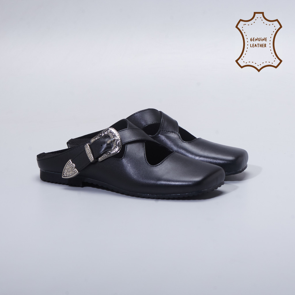 โครงการที่น่ารัก – Villaysa Mules หนังแท้สีดํา – รองเท้าแตะผู้หญิง