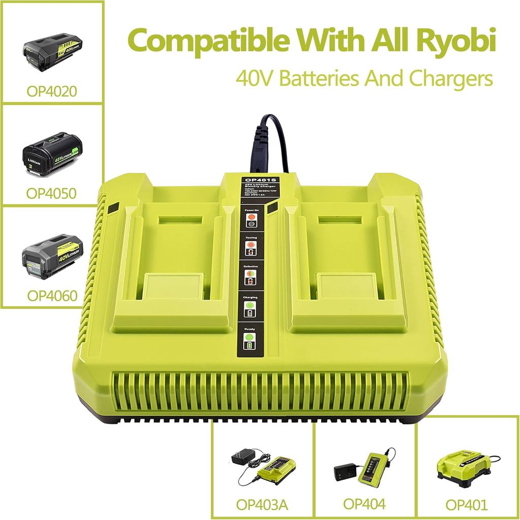 40V Charger for Ryobi,OP401 40 Volt Lithium ion Battery Dual Charger for OP4015 OP4026 OP4030 OP4040