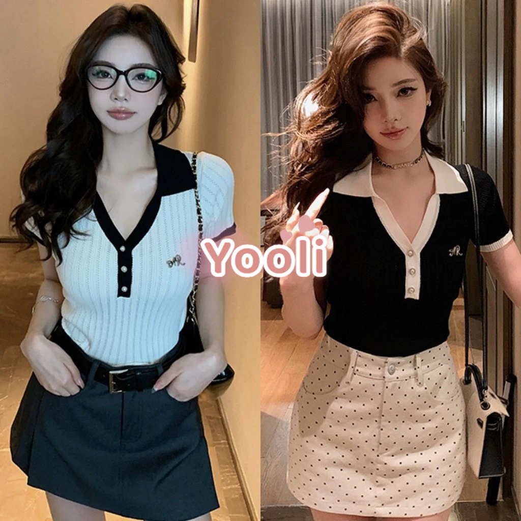 เสื้อครอป ผู้หญิง ไหมพรม แขนสั้น คอกลม สีขาวดำ ผ้าใส่สบาย สไตล์เกาหลี เสื้อผ้าแฟชั่น