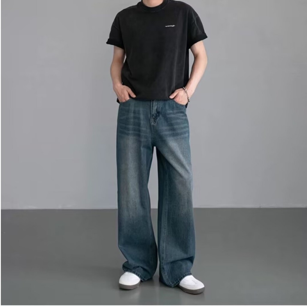 M-5XL 6 สี กางเกงยีนส์เอวยางยืดสไตล์เรโทรอเมริกันสำหรับผู้ชาย ทรงหลวม ขาตรง ทรงหลวมเข้ารูป