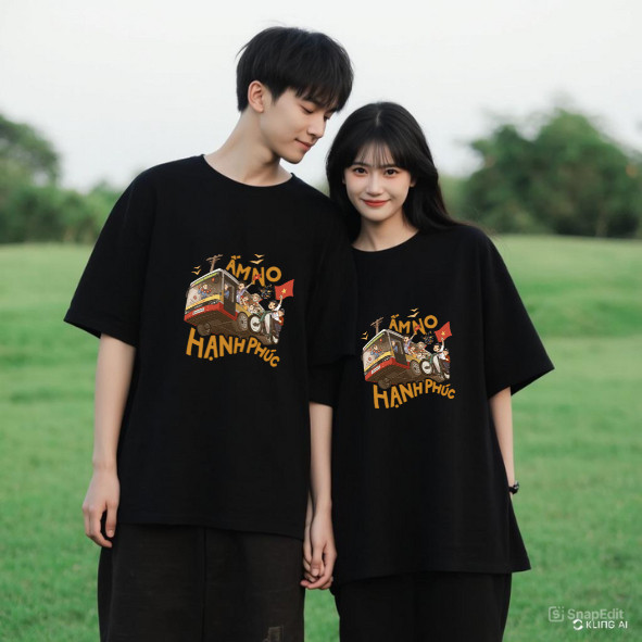 เสื้อยืดสําหรับผู้ชายและผู้หญิงพิมพ์ลายคํา Warm No, Happiness ATRALIVI OVS-26 ผ้าคอตตอนยืดหนา 2 ทาง