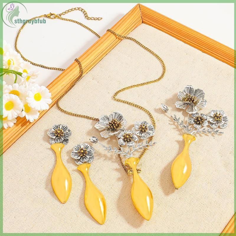 Sthb 1/3 ชิ้นสามมิติแจกันดอกไม้ต่างหูสร้อยคอเข็มกลัด Retro Design ดอกไม้โลหะจี้เครื่องประดับอุปกรณ์เ