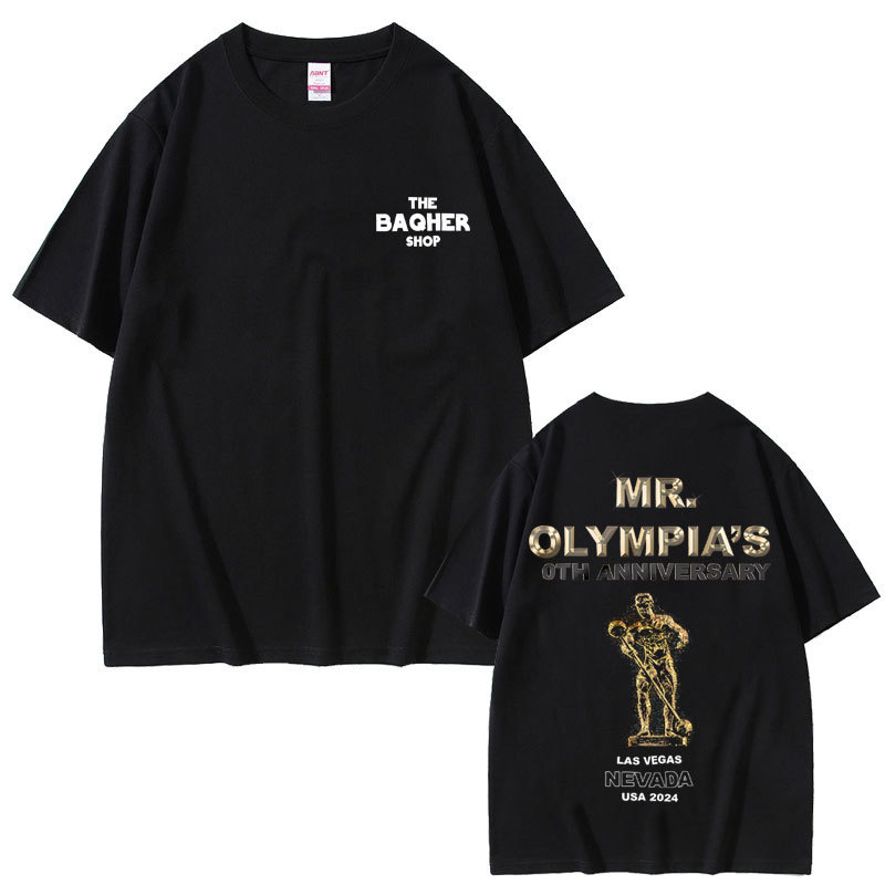 เสื้อยืดผู้ชาย Mr Olympia พิมพ์สองด้าน สำหรับฟิตเนสและยิม พร้อมสต็อก