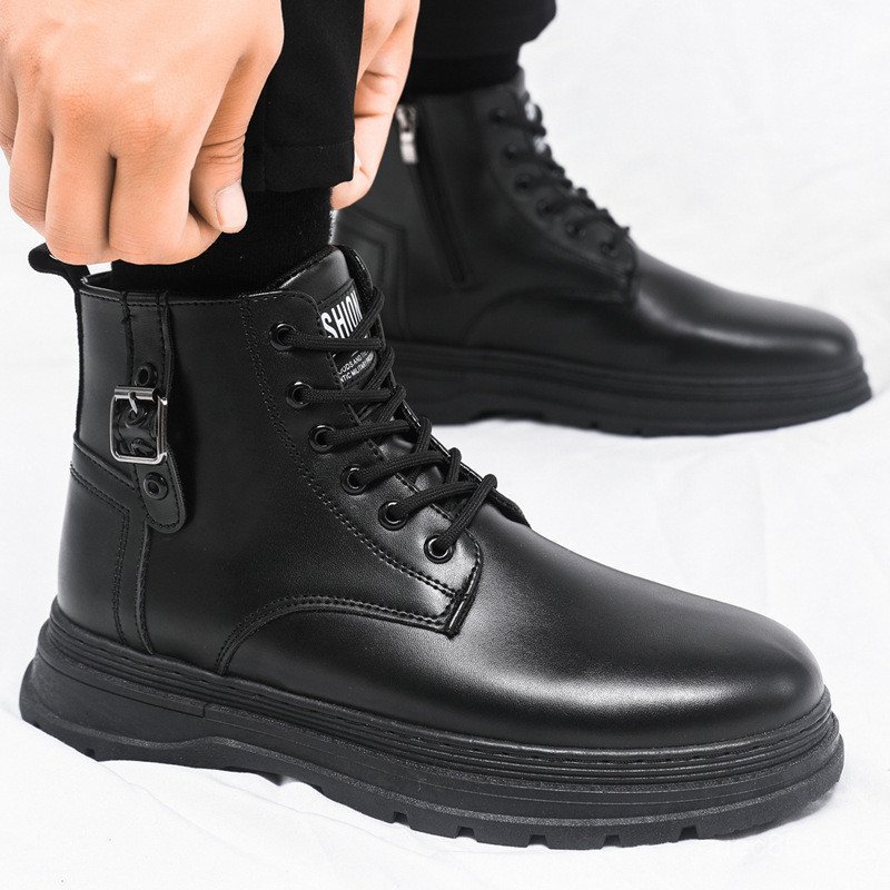 ซิปด้านข้างรองเท้าสั้นกลางแจ้งฤดูใบไม้ร่วงโดยรวมรองเท้าสีดําขนาดใหญ่ผู้ชายแฟชั่นสไตล์ Mid-Top อินเทร