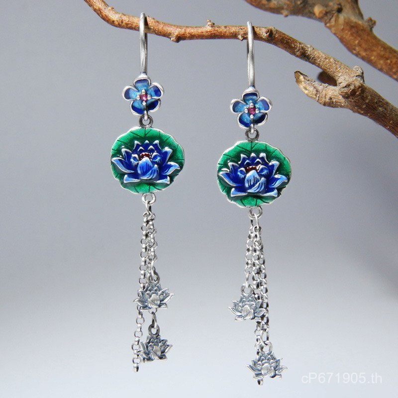 Classy พู่ต่างหูต่างหูต่างหูต่างหู 925 คลาสสิกเงินจีนภูมิทัศน์ไทยสีฟ้ายาว DIY Hanfu ต่างหู Cheongsam