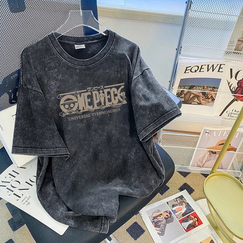 YOUNG T🔥🔥 เสื้อยืด ONE OIECE เสื้อวินเทจ men เสื้อฟอก สีดำ แฟชั่น ทรงหลวม oversize เสื้อชาย/เสื้อคอกลม M~3XL
