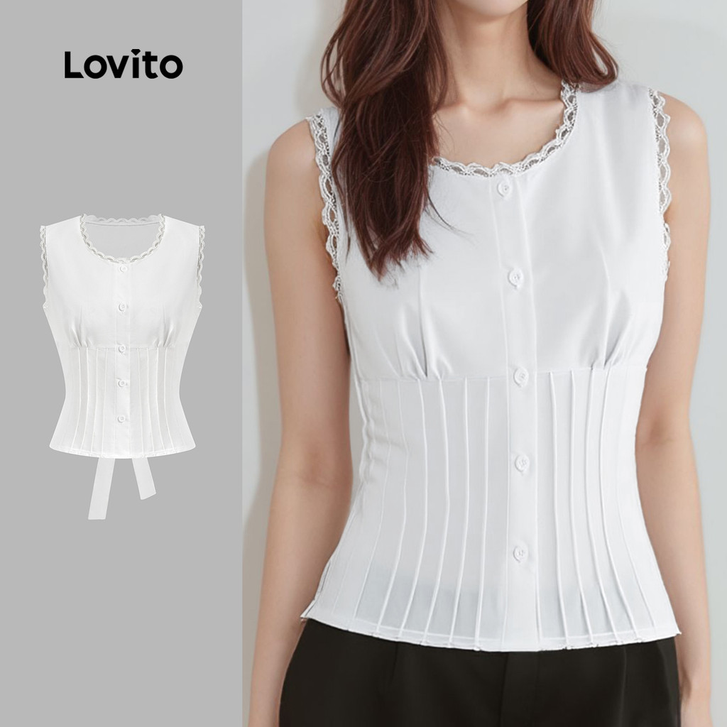 Lovito เสื้อกล้ามลําลอง เสื้อกล้ามกระดุมลูกไม้ธรรมดาสําหรับผู้หญิง LNE70141