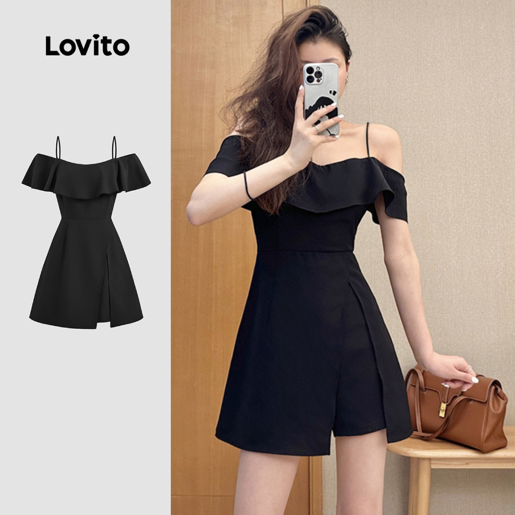 Lovito ชุดจั๊มป์สูทแบบสบายๆ ชั้นสองแต่งระบายสำหรับผู้หญิง สีดำ ลายสำหรับฤดูใบไม้ผลิ/ฤดูร้อน L149ED109