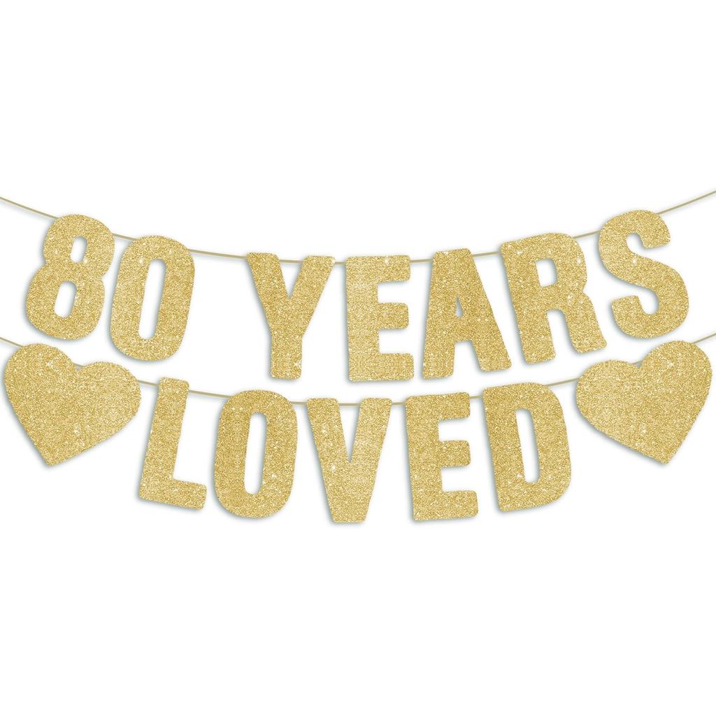 Pre-Strung 80th Birthday Banner - Glitter สีทอง, Happy 80th Birthday Decor for Women, 80 Year Annive