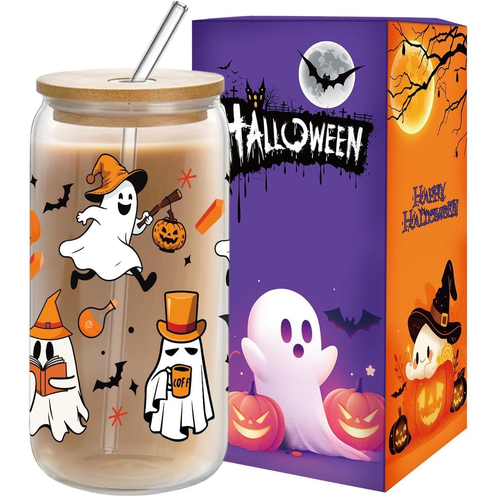 ถ้วยแก้วฮาโลวีน 16 ออนซ์พร้อมฝาปิดและหลอด- Spooky & Cute Ghost Bat Pumpkin Tumbler แก้วฮาโลวีน, Fall