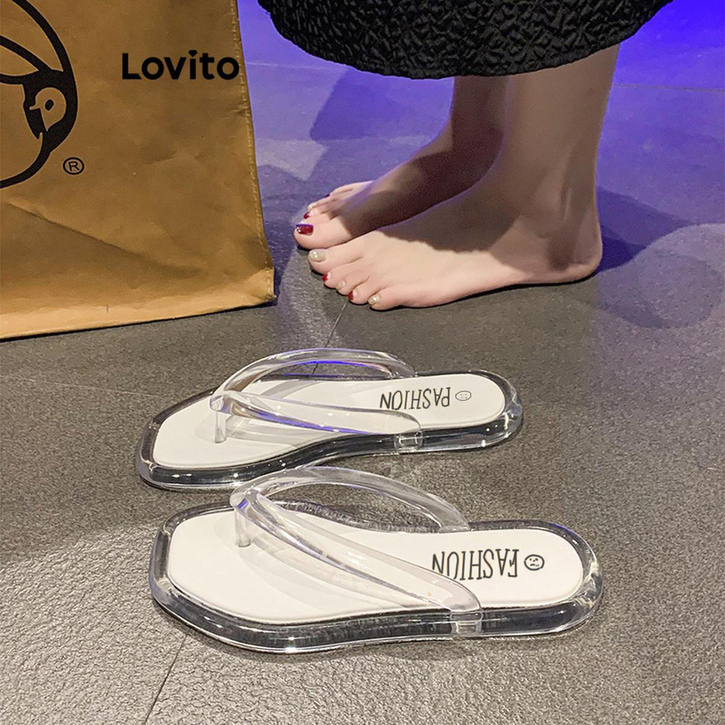 Lovito รองเท้าแตะแบนสบายๆสีโปร่งใสการปิดกั้น Jelly Flipflops ชายหาด แอนตี้slip ในห้องน้ํารองเท้าแตะแบนสําหรับผู้หญิง LFA59258