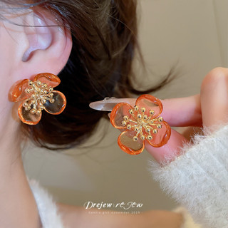 Dreejew เรซิ่นดอกไม้ต่างหู สีส้มและโทนทอง เครื่องประดับแฟชั่…