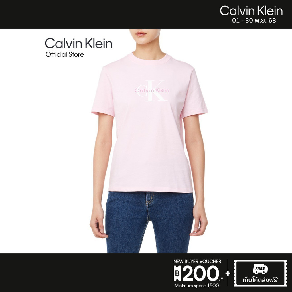 CALVIN KLEIN เสื้อยืดคอกลมแขนสั้นผู้หญิง Monogram Logo ทรง Regular รุ่น 47B865G 7UD - สีชมพู