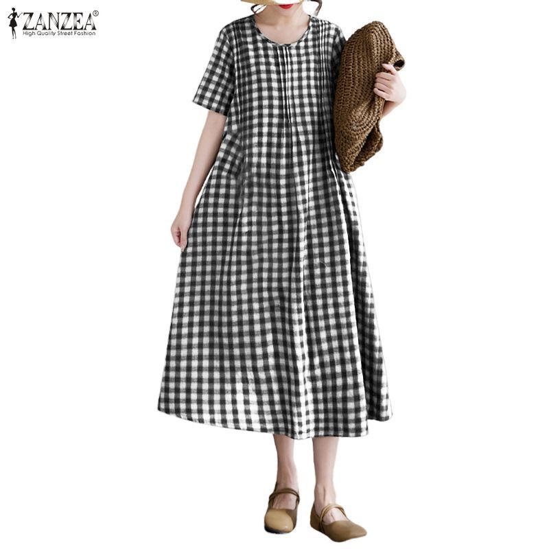 ZANZEA ชุดเดรสคอกลมแขนสั้นลายสก๊อตแบบ Midi สําหรับผู้หญิง