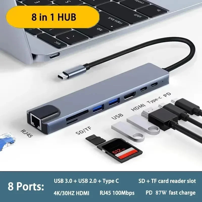 8 In 1 Usb C Hub Type C Splitter 4k Hdmi Rj45 100mbps พร้อม Sd Tf Card Reader Slot Pd 87w Fast Charg