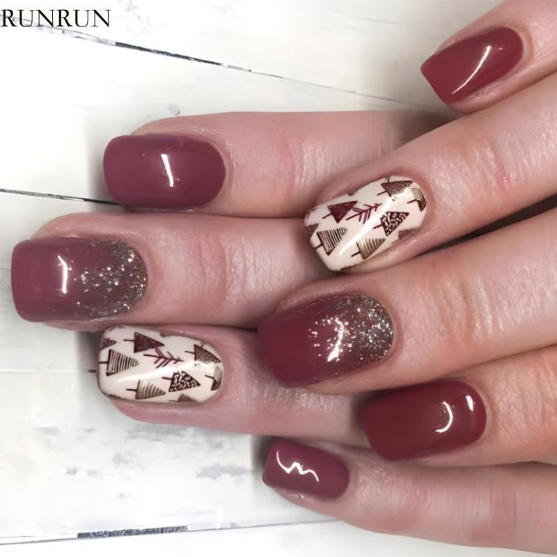 RUN 24 ชิ้น Full Cover Stick บนเล็บต้นคริสต์มาสกดบนเล็บเล็บปลอม