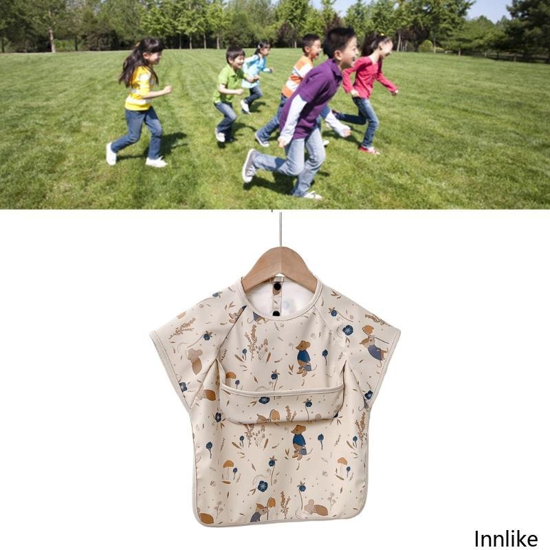 INN Kids Water Resistance Smock with Catcher Pocket Short Sleeve Adjustable Feeding Apron for Age 6M