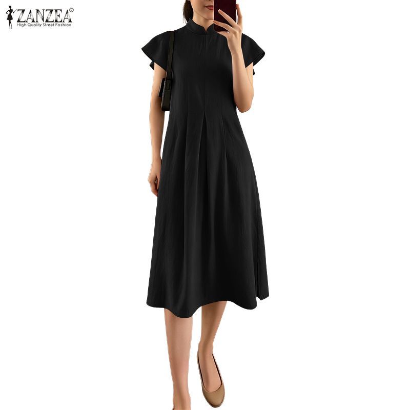 ZANZEA ชุดเดรสสตรี ดีไซน์คอตั้งเก็บเอวกว้าง