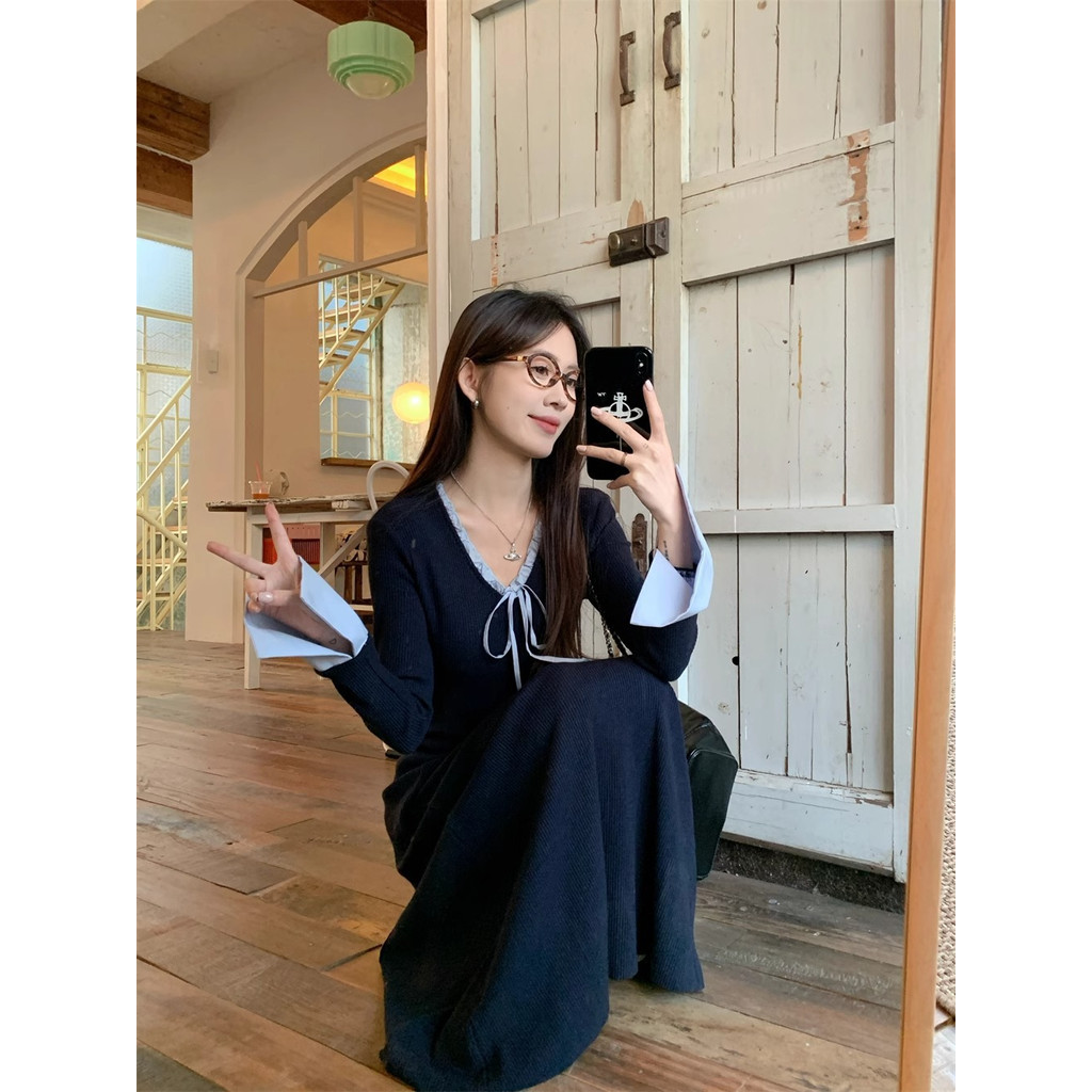 พร้อมส่ง! เดรสคอวี ระบายรอบคอสีฟ้า ผ้าร่องลูกฟูก เนื้อนิ่ม ทรงสวยพรางหุ่น แม็กซี่เดรส #9265 - รูปที่ 3