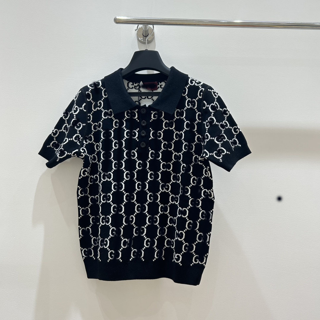 ZF6K GUgg#I 3D Letter Turn-Down Collar Knit Polo The shirt is reversible, new style, fresh and sweet