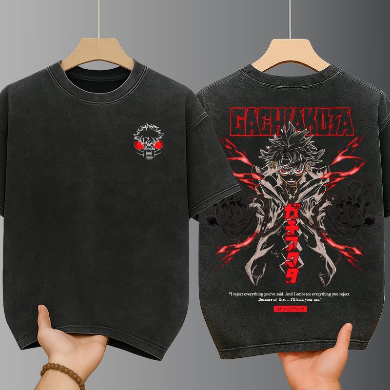 เสื้อยืดฟอก สกรีนลายการ์ตูนอนิเมะเท่ๆ oversize เสื้อสีฟอกวินเทจ สตรีทแฟชั่นผู้ชาย สไตล์เมกา ผ้าฝ้าย100% คอกลมเสื้ออนิเมะ