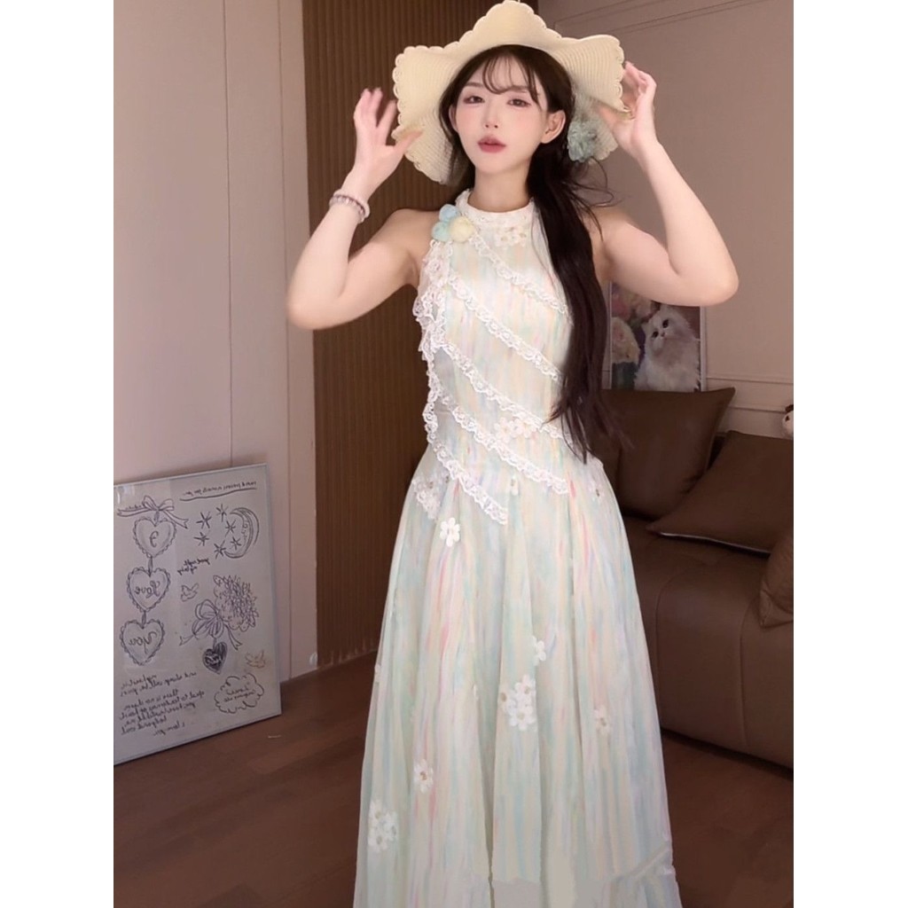 ชุดเดรสเดรสทรงเอคอเชือกแขวนคอลายดอกไม้นูนและระบายลูกไม้ที่เอวให้หุ่นหวานสําหรับผู้หญิง [CHERRY-ODR]