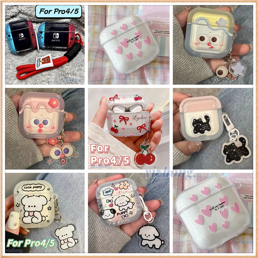 Pro 4/Pro 5 เคสหูฟังสีแดงเชอร์รี่สีชมพูรักการ์ตูนสุนัขลูกสุนัขแมวรูปแบบไอศกรีมพร้อมจี้ป้องกันการสูญหายนุ่ม TPU หูฟังไร้สายชุดหูฟังเกราะป้องกัน