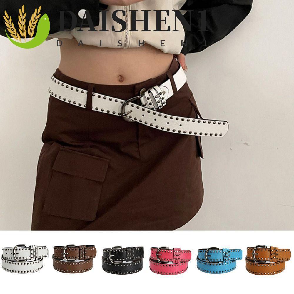 Daishen1 เข็มขัดหนัง PU ประดับหมุด หัวเข็มขัดโลหะผสม กว้าง สําหรับผู้หญิง ผู้ชาย