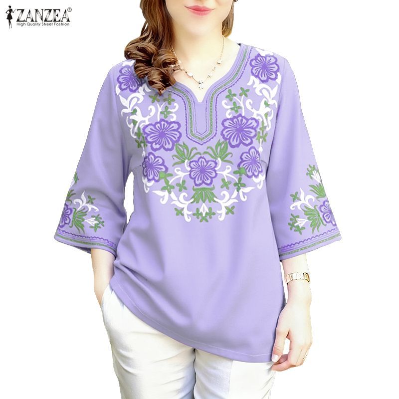 ZANZEA เสื้อเบลาส์คอกวี แขน 3/4 พิมพ์ลาย flora สำหรับผู้หญิง สไตล์เกาหลี ทรงหลวม ราคา ถูกที่สุด ดีลบีเคเค