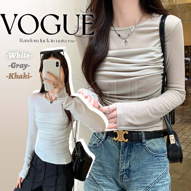 Vogue🌟พร้อมส่ง🌟 เสื้อแขนยาว คอกลม ดีเทลแต่งซีทรูบางเบาใส่สบายมาก (FY0826)