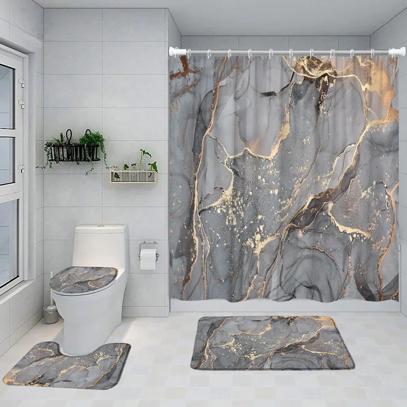 Gray Golden Crackle Marble Shower Curtain Set Modern Creative Marble Texture Fabric Bathroom Decor C