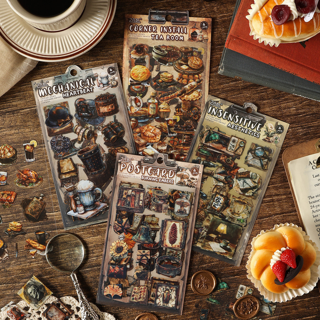 4 แผ่นสติกเกอร์ PET สติกเกอร์วินเทจสําหรับ Scrapbooking DIY หัตถกรรม Pre-Cut Journal อุปกรณ์ Junk Jo