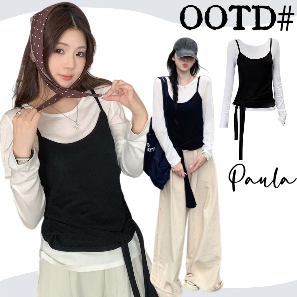 Paula พร้อมส่ง🌴เสื้อยืแขนยาวผู้หญิง🌴เสื้อ2ชิ้นติดกับดีไซน์โปว์ผูกเอว เสื้อครอปทรงเข้ารูป สีดำ คอกลม ลำลอง แฟชั่นผู้หญิ