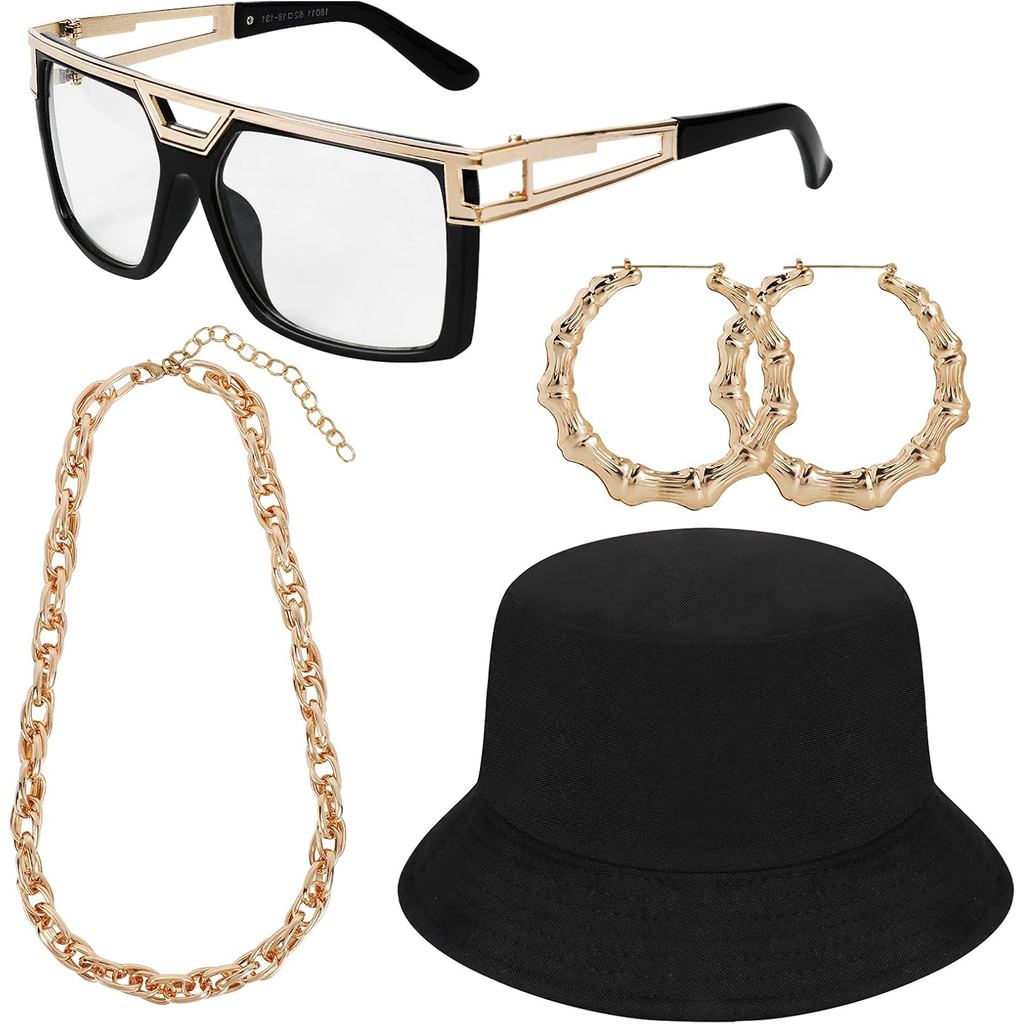 PHOGARY ชุดสไตล์ 80s/90s สำหรับผู้หญิงและผู้ชาย มาพร้อมเครื่องประดับ Hip Hop ครบเซ็ต