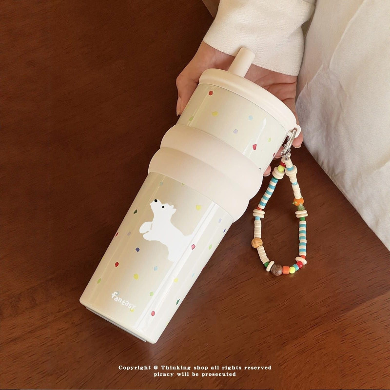 【LUCKY】FANTASY แก้วเก็บความร้อนเคลือบเซรามิกความจุขนาดใหญ่ แก้วเก็บความร้อนสแตนเลส 316 พร้อมหลอดดูด แก้วเก็บความเย็นสำหรับเด็กผู้หญิง แก้วพกพา ป้องกันการรั่วซึม 700 มล.