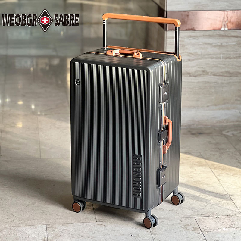 Swiss Army มีดกรอบอลูมิเนียมกระเป๋าเดินทางความจุขนาดใหญ่ชาย 93 ซม.สไตล์ใหม่หนาทนทานกว้างรถเข็นกระเป๋