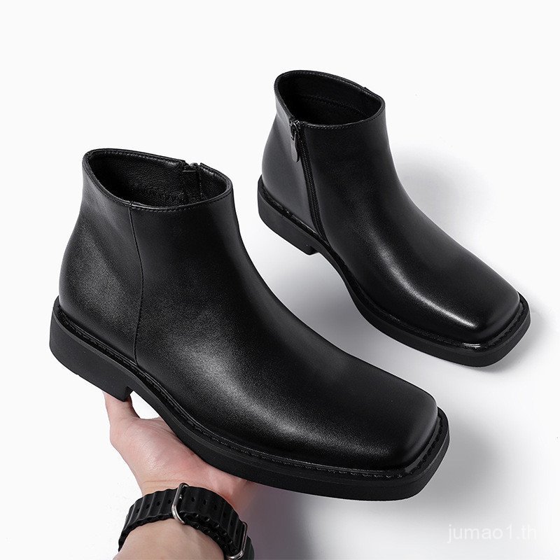 Square Toe Boots Mens Mid-Top Zipper Chelsea Boots Niche สไตล์อังกฤษเพิ่มความสูงรองเท้าหนังผู้ชาย